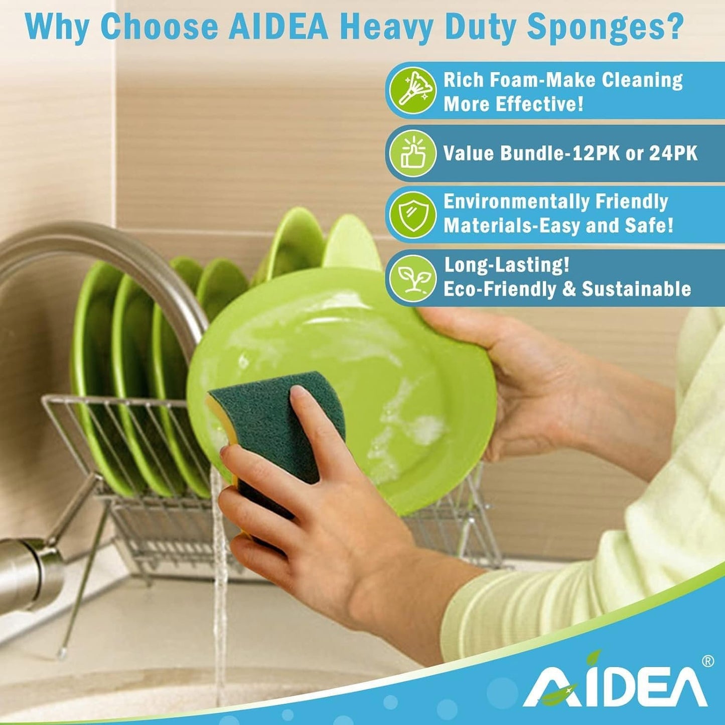 AIDEA Heavy Duty Scrub Sponge-24Count, Cleaning Scrub Sponge, Stink-Free Sponge, Effortless Cleaning Eco Scrub Pads for Dishes,Pots,Pans All at Once