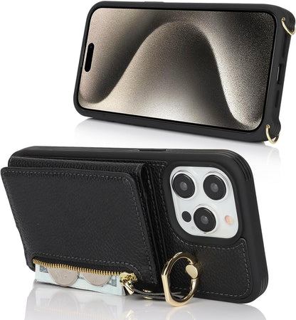 SunYoo for iPhone 15 Pro Max Crossbody Case with Card Holders Money Slots Zipper Coin Purse Rotatable Ring Kickstand Cover Wristlet Strap Lanyard Litchi Leather Wallet for iPhone 15ProMax Black
