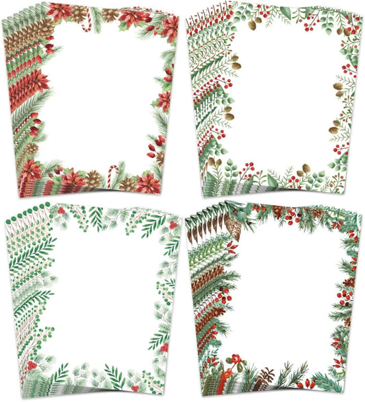 AnyDesign 60Pcs Christmas Stationery Paper 4 Design Christmas Green Plants Border Letterhead Winter Decorative Writing Paper for Xmas Notes Greeting Cards Invitation Office School Printing, 8.5 x 11"