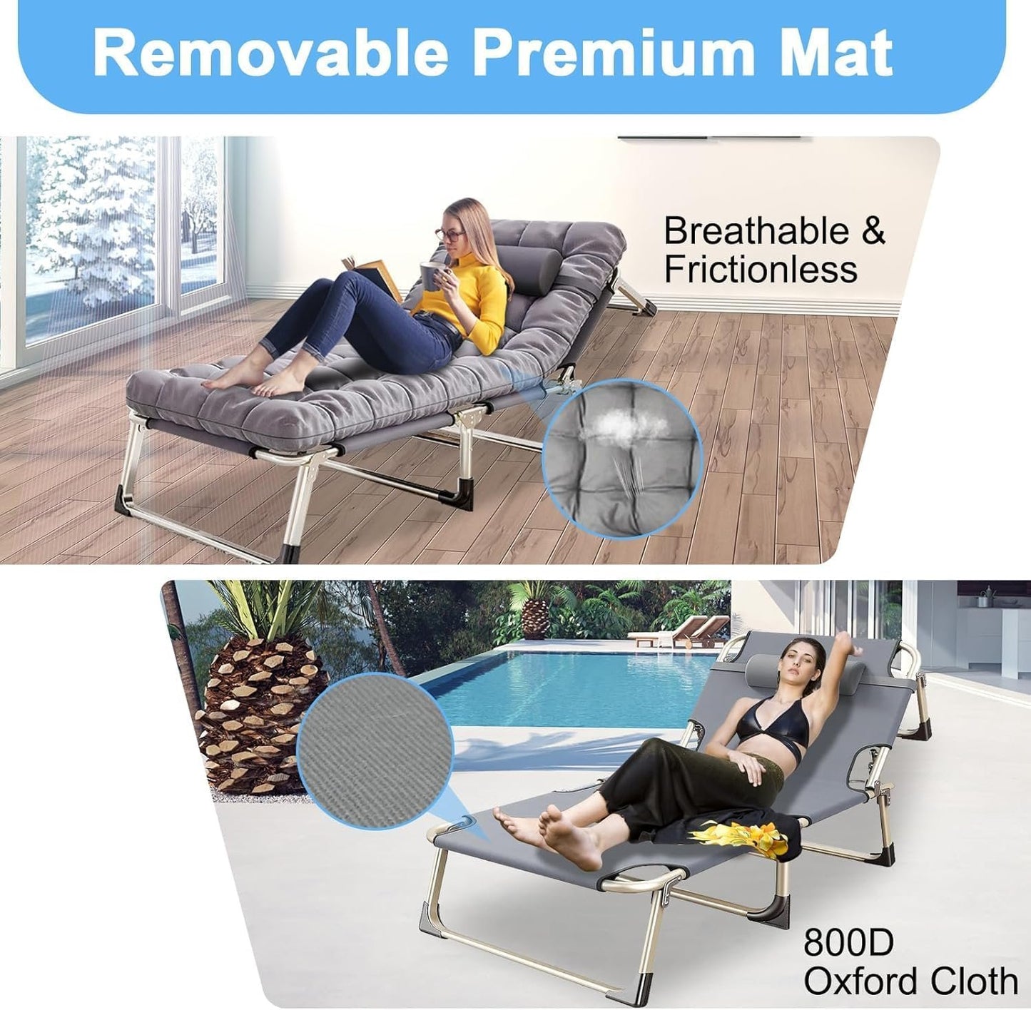 Folding Camping Cot W/Mat for Adults, Heavy Duty Outdoor Camping Bed Travel Camp Cots Camping Loungers, 5-Position Adjustable Backrest, Lightweight Tent Cot for Home Office Beach Garden