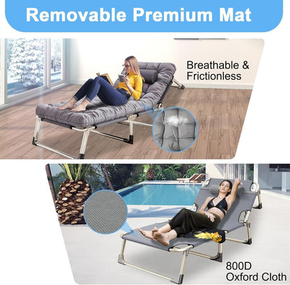 Folding Camping Cot W/Mat for Adults, Heavy Duty Outdoor Camping Bed Travel Camp Cots Camping Loungers, 5-Position Adjustable Backrest, Lightweight Tent Cot for Home Office Beach Garden