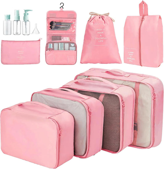 Suitcase Organizer, 11 Pieces Waterproof Packing Cube Set, Separators Bags Travel Travel Organizer with 3 Liquid Travel Containers, for Clothing Underwear Footwear Sacks - Pink