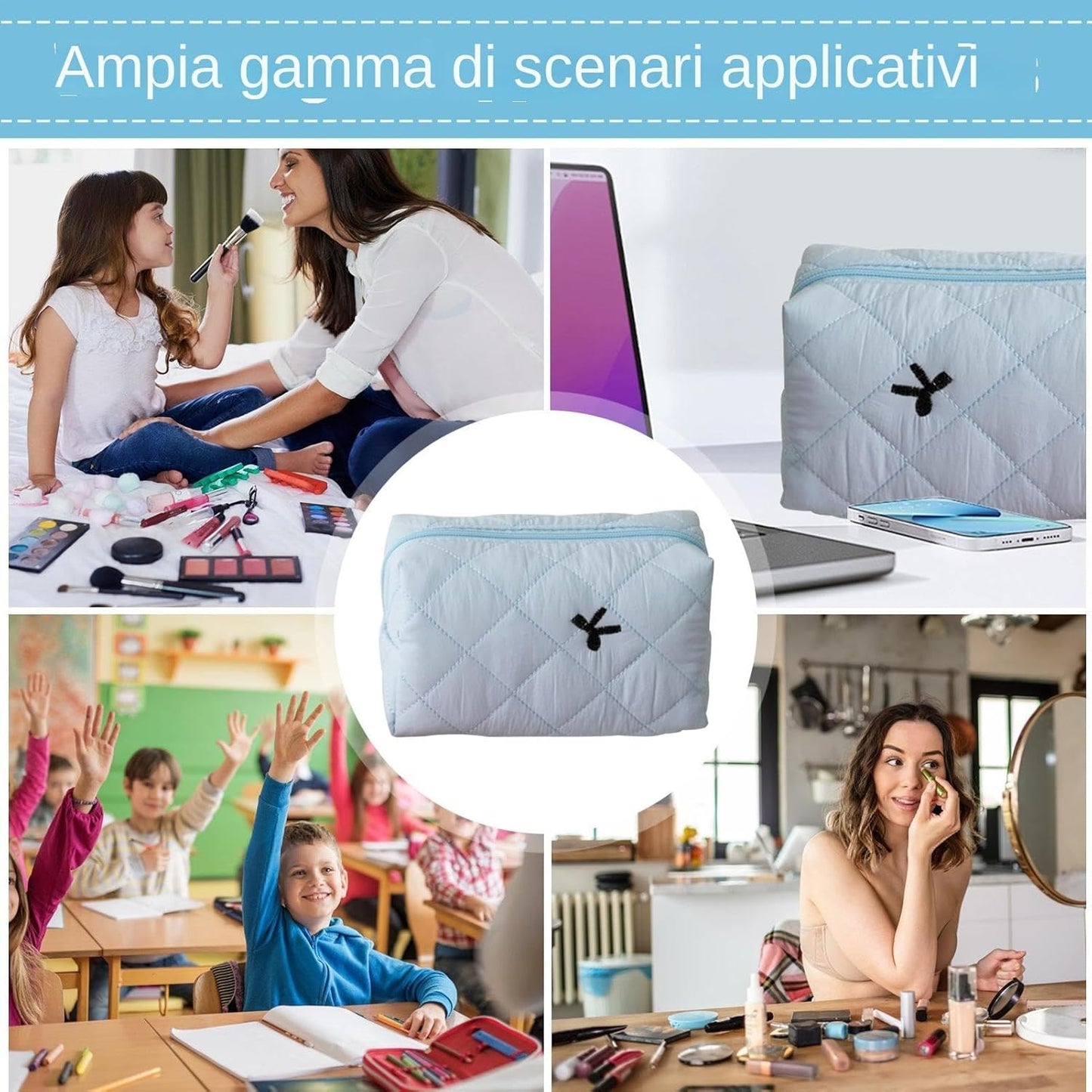 Bow Makeup Bag, Portable Cosmetic Pouch, Aesthetic Travel Organizer, Travel Large Capacity & Stylish, Pencil Purse Accessories For Women, Perfect & Everyday Use, 16 x 9 x 9 cm, Light Blue1, Please