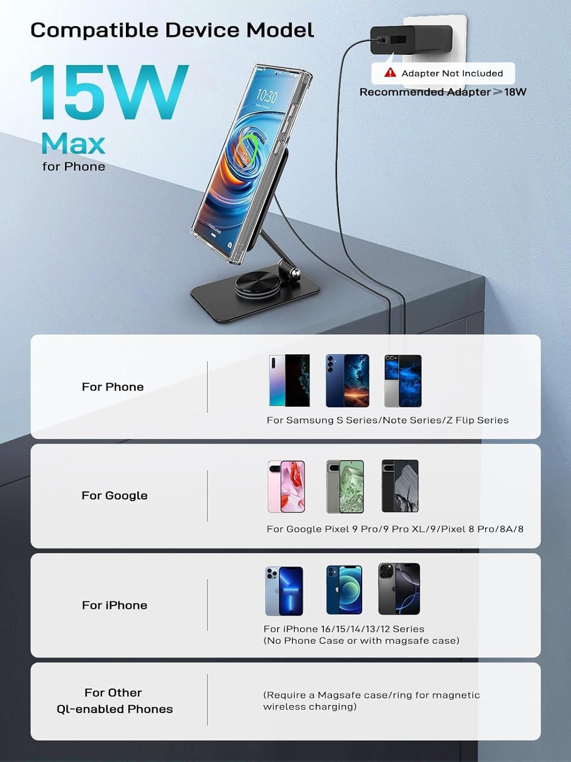 Magnetic Wireless Charger for Samsung Galaxy S25 Ultra/S24, Foldable Travel Mag-Safe Charger Stand for iPhone 16/15/14/Pixel 9 Pro/8, Aluminum Stand Magnet Android Phone Charger 360°Rotation Base