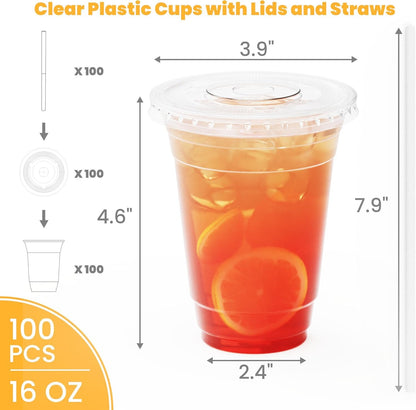 100Pcs 16 oz Plastic Cups with Lids and Straws, Disposable Clear Plastic Cups with Lids for Iced Coffee (16 oz)-Praty-Wedding-Celebration