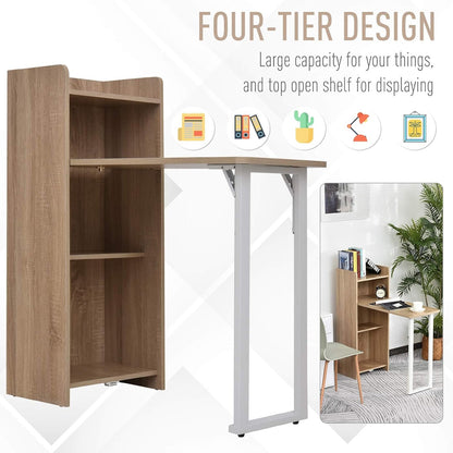 HOMCOM 2 in 1 Folding Table, Drop Leaf Table, Space Saving Dining Table with 4-Tier Shelf for Small Spaces, Oak
