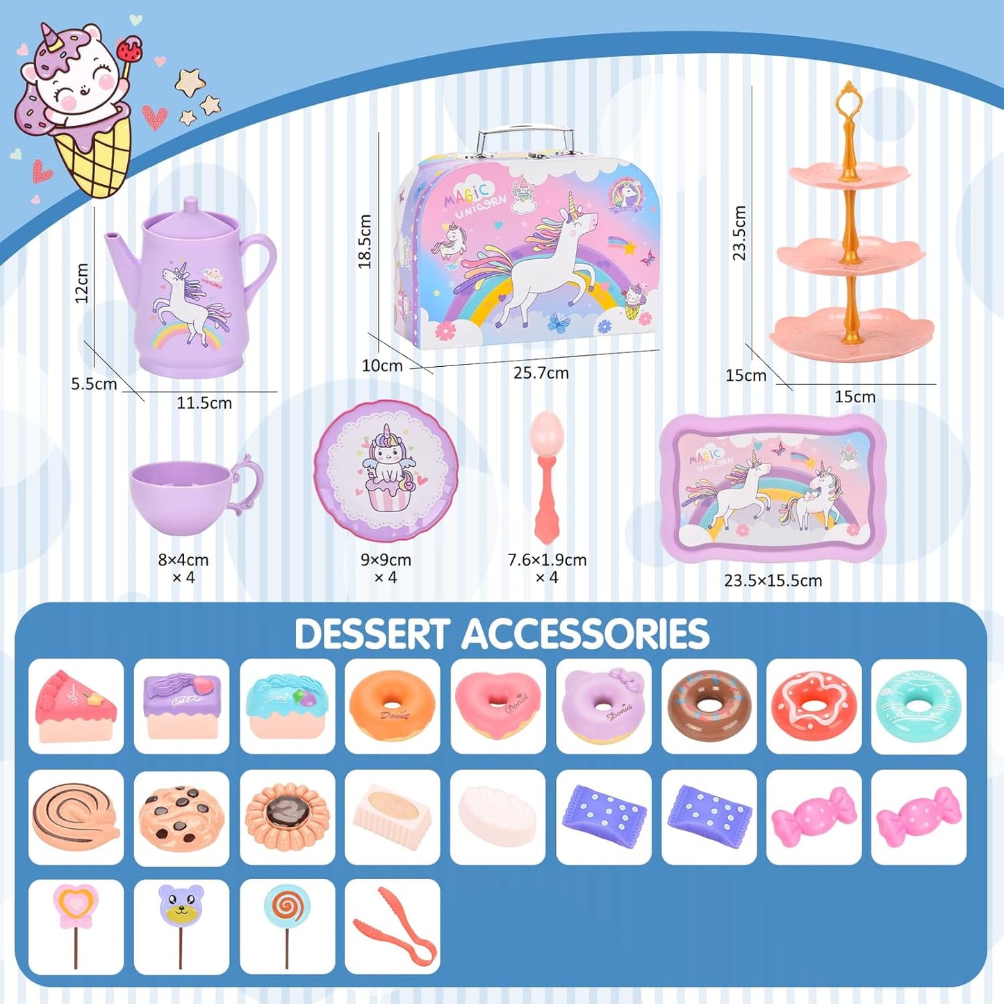 REMOKING 45PCS Unicorn Toys Tea Party Set for Girls,Birthday Gifts for Toddler Age 3+, Pretend Teapot,Dessert Playset, Carrying Case for Role Play,Princess Toy for 2-6 Year Old Kids