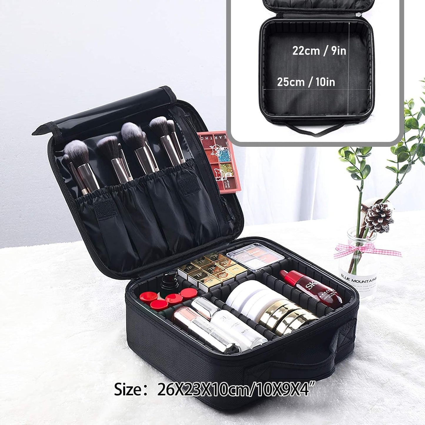 GreenLife® Professional Makeup Train Cosmetic case Makeup Bag Travel Organizer Make up Artist Master Waterproof Case Portable Storage with Adjustable Dividers Accessories Tools Brushes Pouch (Black)