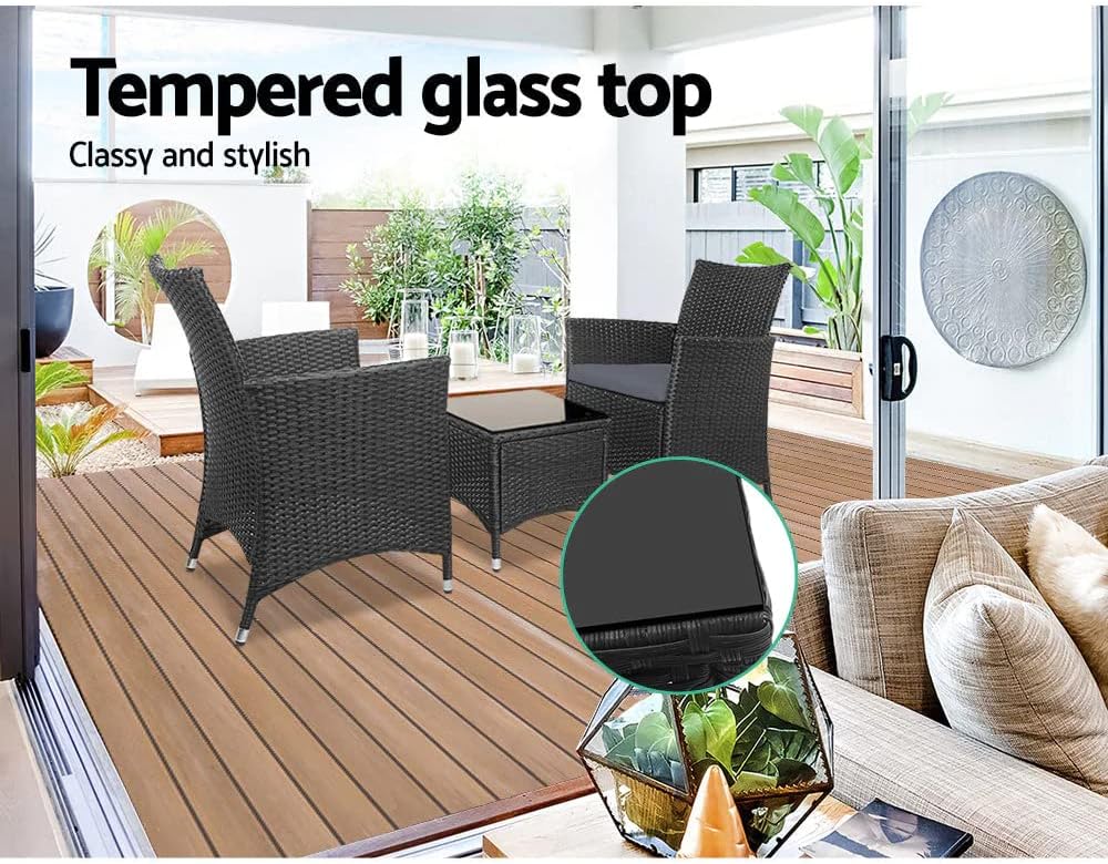 Gardeon 3pcs Wicker Patio Furniture, Bistro Set Table and Chairs Outdoor Lounge Setting Conversation Sets Dining Chair Garden Backyard, Cushion with Rattan Coffee Table Black Glass Tabletop