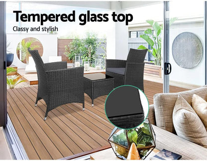 Gardeon 3pcs Wicker Patio Furniture, Bistro Set Table and Chairs Outdoor Lounge Setting Conversation Sets Dining Chair Garden Backyard, Cushion with Rattan Coffee Table Black Glass Tabletop