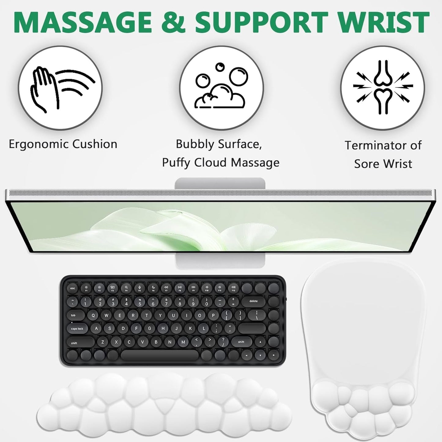 AKIT Bubble Massage Ergonomic Mouse Pad with Wrist Rest for Computer Keyboard, Cloud Wrist Rest Keyboard Pad and Cute Mouse Pad with Wrist Support Soft White Mousepad Gaming Mouse Pads for Desk Office