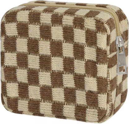 KOTORA 3pcs Checkered Mini Makeup Bag Pocket Cosmetic Bag Portable Aesthetic Preppy Makeup Bag for Women Mini Travel Makeup Organizer Storage Car Accessories (Black Green Brown)