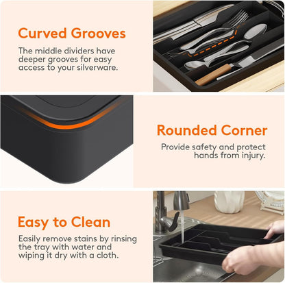 Lifewit Silverware Tray, Deep Wide Cutlery Drawer Organizer Storage for Kitchen, Plastic Flatware Utensil Holder Divider for Spoons Forks Knives Tableware, 5 Compartment, Black