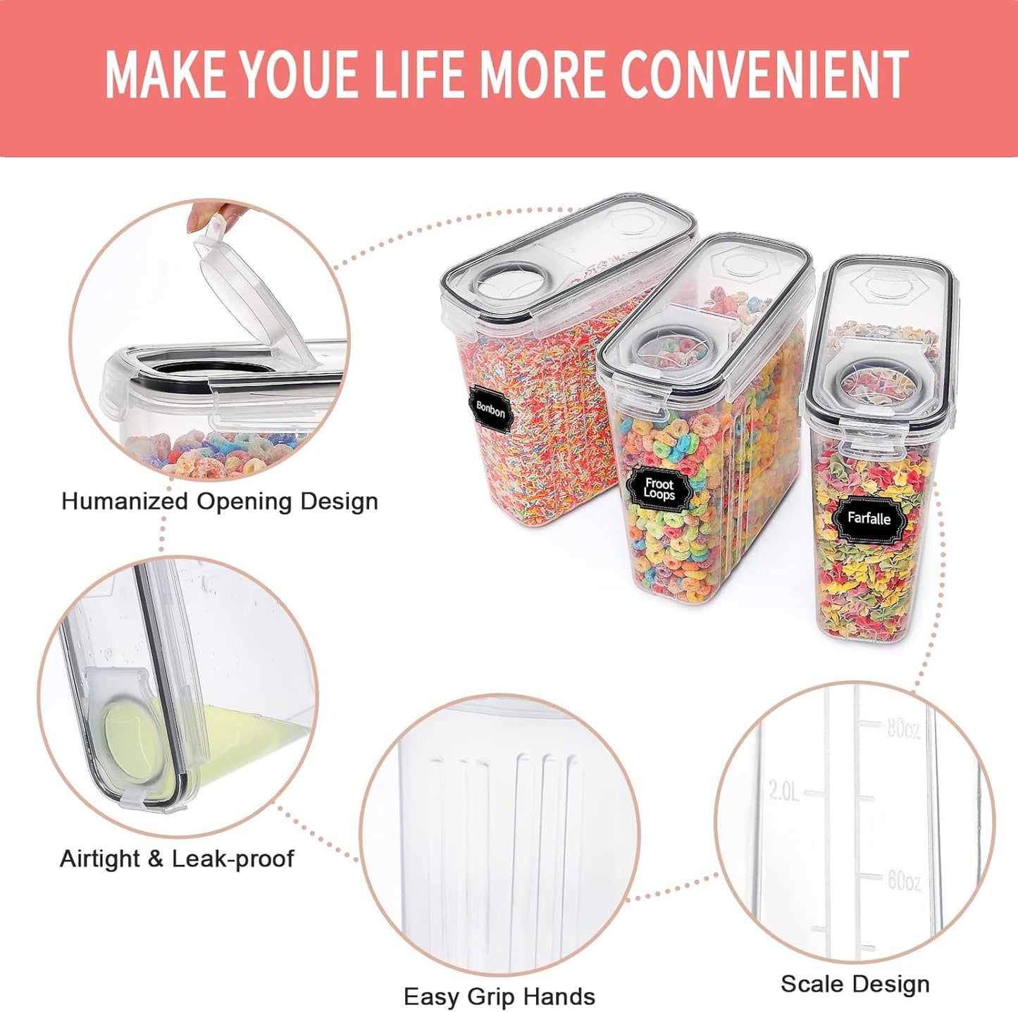 Large Dry Food Storage Containers with Lids, PRAKI 6PCS 4L Airtight Cereal Containers Storage, Leak-proof Canister Set for Kitchen Pantry Organizers and Storage with 20 Labels & Marker