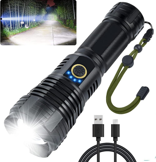 Rechargeable Flashlights High Lumens, 100000 Lumen Super Bright Tactical Flashlight, XHP 90 LED Flashlight, Tactical Flashlight with Zoomable, Waterproof, 5Modes for Camping and Emergencies