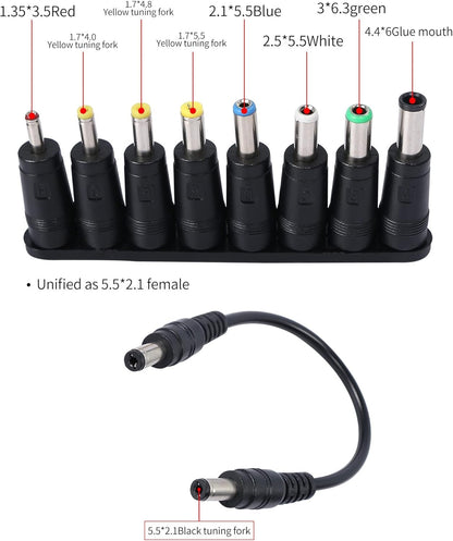 QIANRENON 8-in-1 Universal DC Power Adapter Converter Multi-Gauge DC Power Supply Plug 5.5mm x 2.1mm Female to Male Adapter with DC 5.5 x2.1mm Black Tuning Fork Cable (22cm)