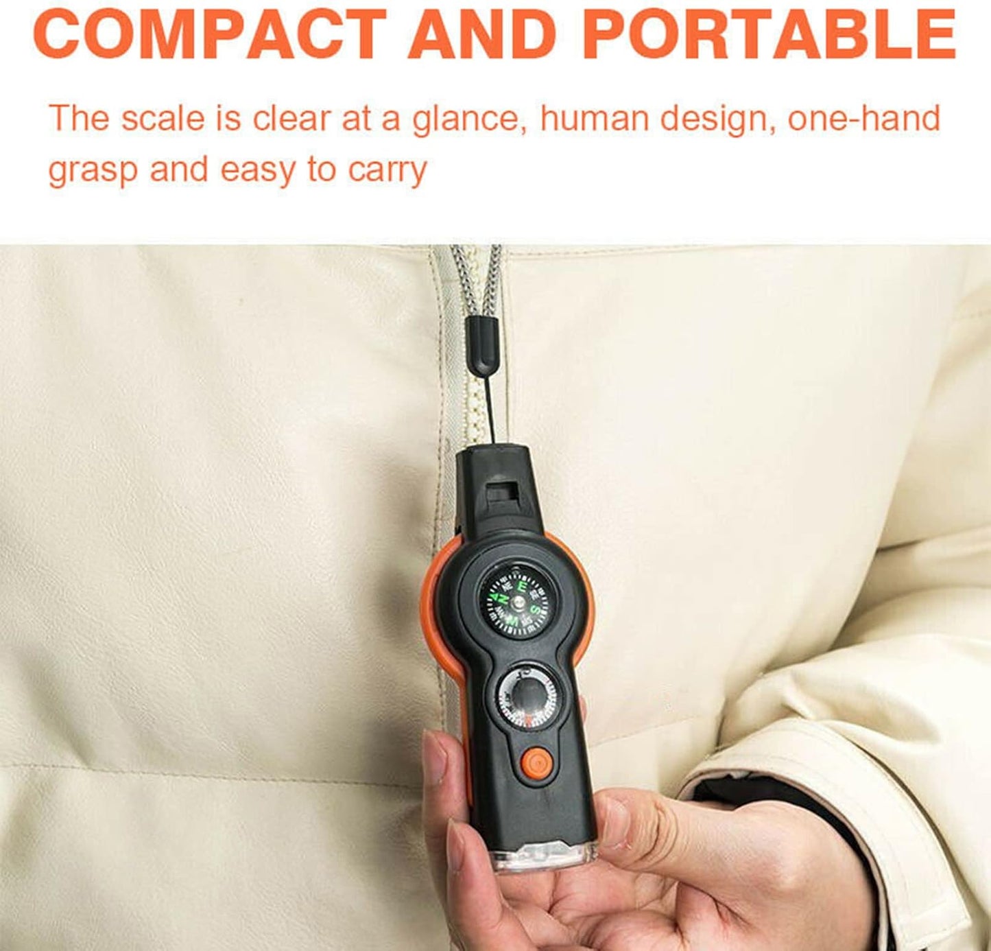 7 in 1 Multi-Function Compass, Outdoor Survival Safety Whistle Compass Thermometer LED Mirror Magnifying Glass Multitool for Camping, Hiking, Hunting, Fishing and Adventure