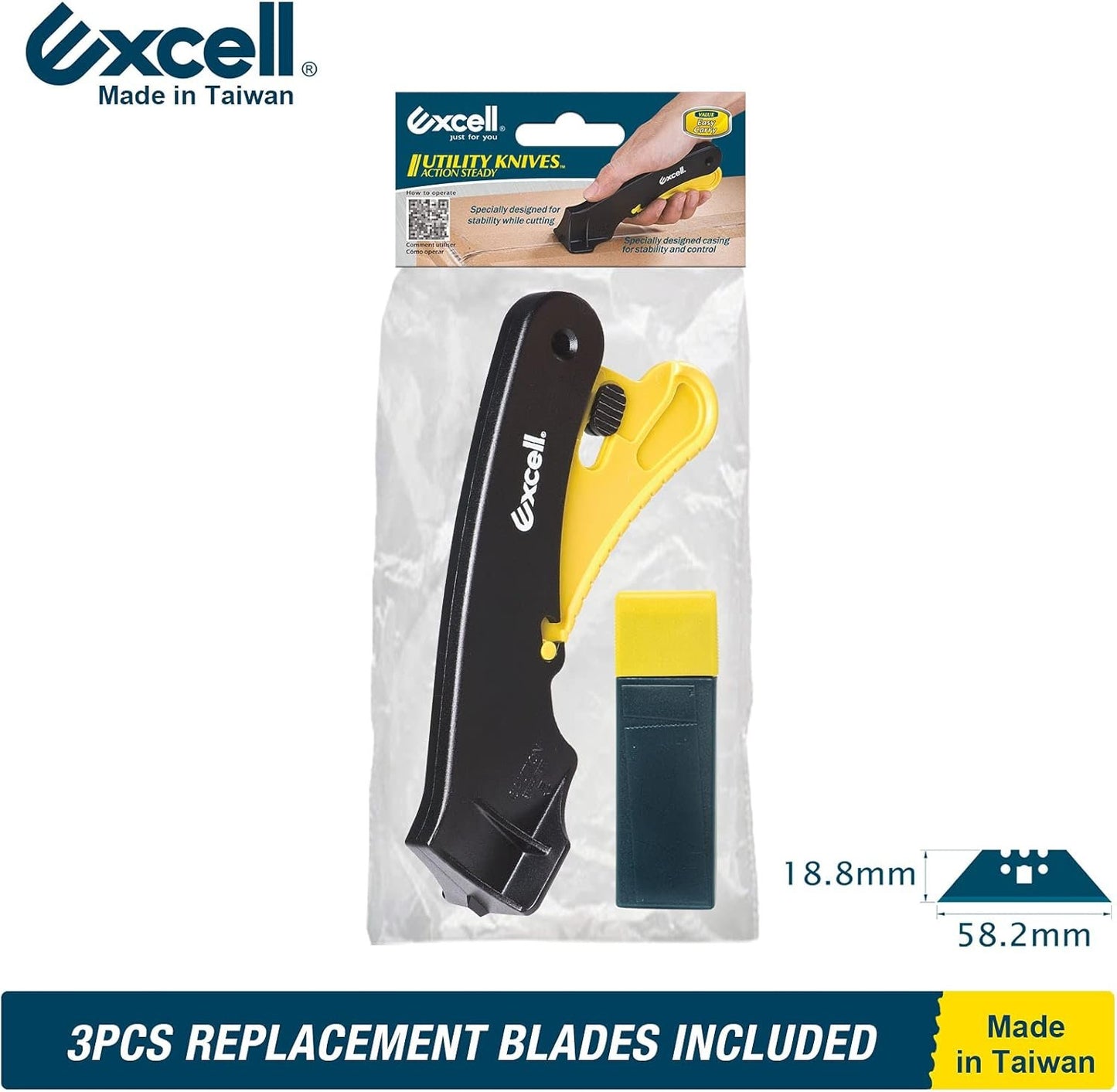 Excell ACTION STEADY-9 Utility Knife with Safety Lock, Box Opener Carton Opener, Heavy Duty Stability Lightweight Box Cutter with Replacement Blades - 3pcs (STEADY-9)
