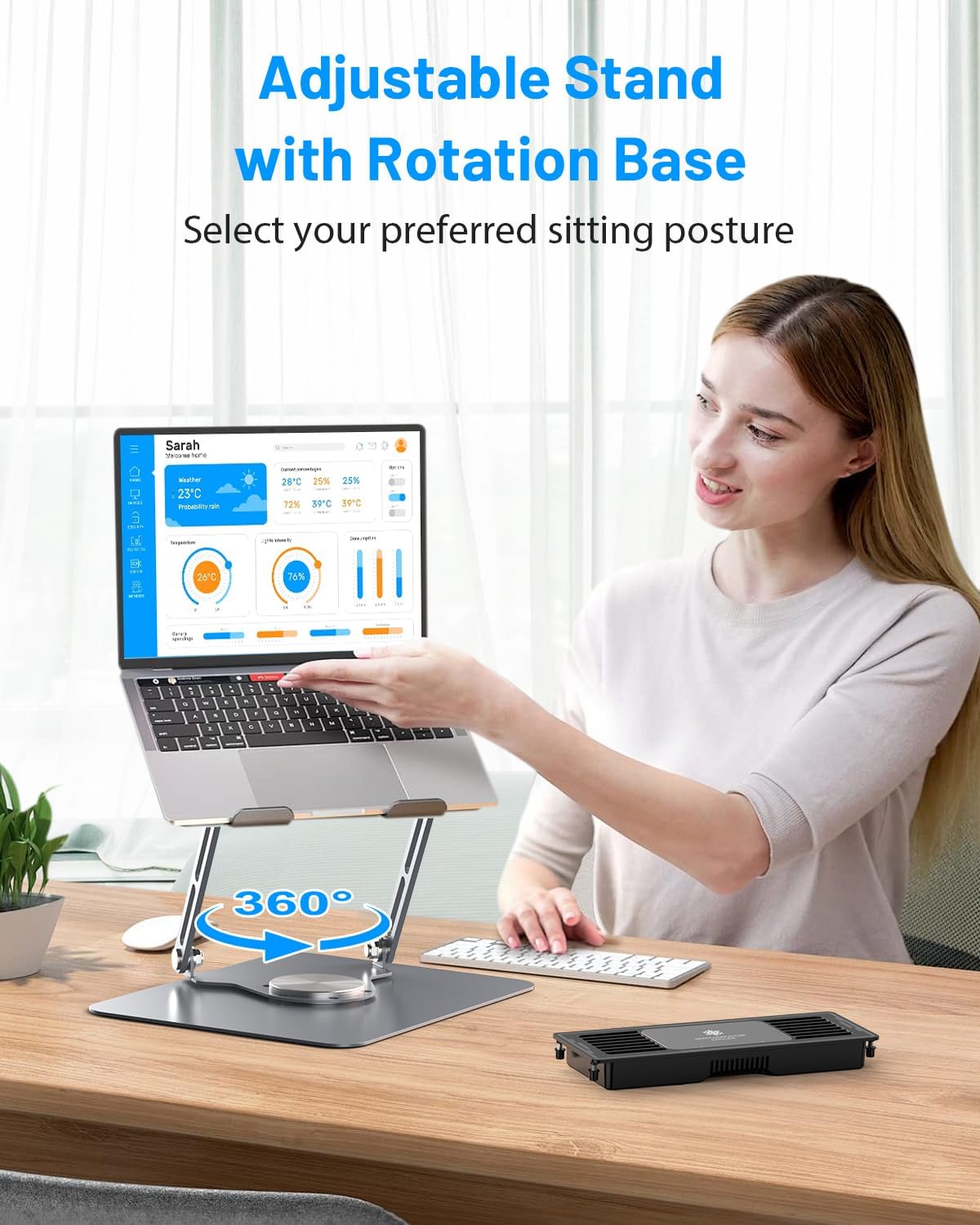 METFUT Laptop Cooling Stand with Detachable Thermoelectric Cooler, Adjustable Height & Angle, 360 Rotation Base, Carbon Steel Framework, Ultra-Quiet & Super Sturdy for up to 16” Laptop (Grey)