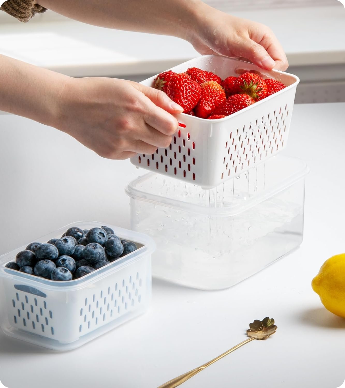 COCOYA 5-Pack Large Fruit Containers for Fridge, Leakproof Produce Storage Keeper with Removable Colander Food Grade BPA FREE Keep Vegetables Berry Veggies Lettuce Banana Meat Food Fresh Longer