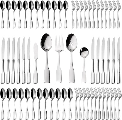 Kate 65-Piece Silverware Set with Utensil-Serving Set, Service for 12, Stainless Steel Flatware Set, Mirror Polished Cutlery Set, Dishwasher Safe