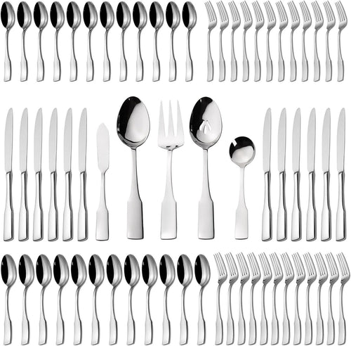 Kate 65-Piece Silverware Set with Utensil-Serving Set, Service for 12, Stainless Steel Flatware Set, Mirror Polished Cutlery Set, Dishwasher Safe
