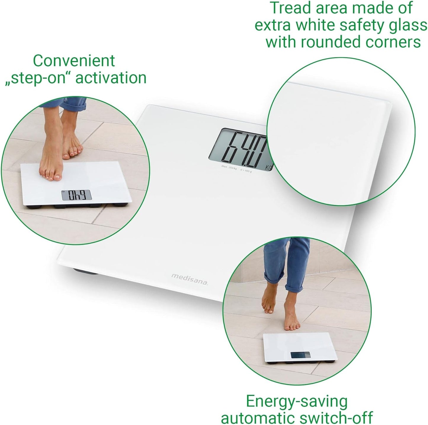 medisana PS 470 Digital XL Personal Scale up to 250 kg / 551 lbs Bathroom Scales Made of Tempered Safety Glass and Automatic Switch-Off