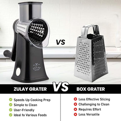 Zulay Kitchen Rotary Cheese Grater 5 Blade Cheese Shredder - Manual Hand Crank Cheese Grater With Reinforced Suction & 5 Interchangeable Drums - Easy to Use, Vegetable Chopper Round Mandoline Slicer