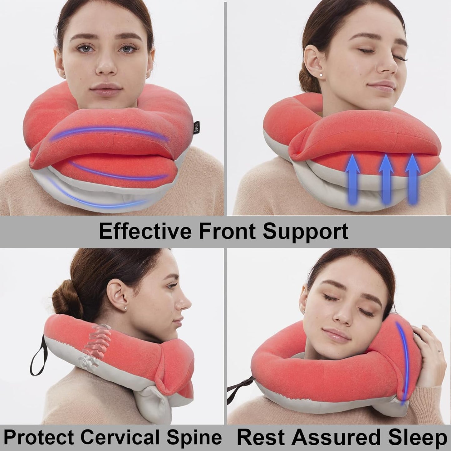 BUYUE Travel Neck Pillows for Airplanes, 360° Head Support Sleep for Long Flight, Skin-Friendly & Breathable, Kit with 3D Contoured Eye Mask, Earplugs and Storage Bag (Adult, Pink, 100+ lbs)