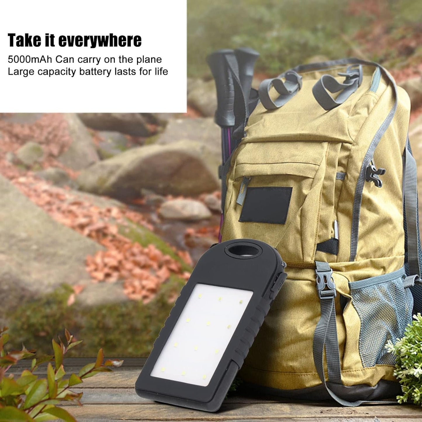 GRCFUMO 5000mAh Solar Power Bank, Solar Charging Powerbank, Portable Power Bank, External Battery Power Bank with 12LED Flashlight for Outdoor Camping Fishing Black
