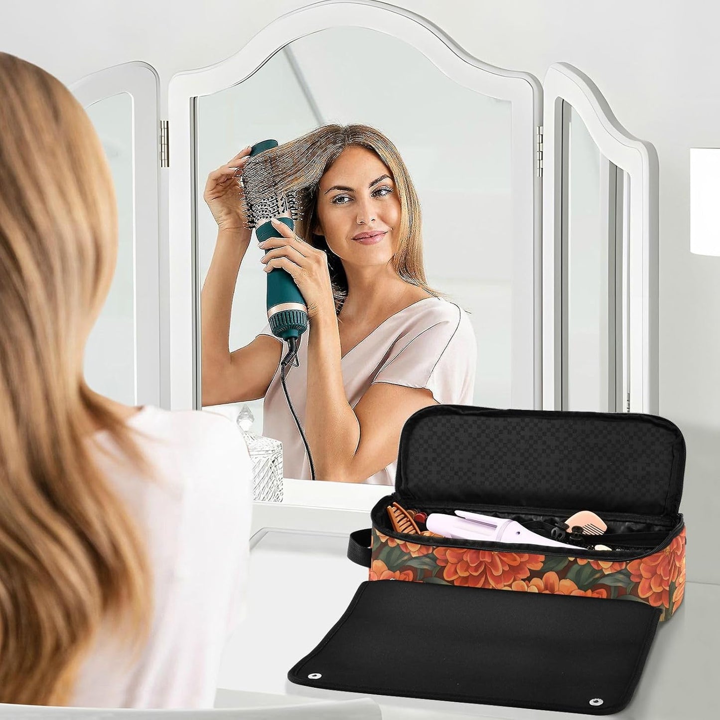 Borsa da viaggio per strumenti per capelli con motivo floreale arancione e tappetino resistente al calore, custodia da viaggio portatile per strumenti caldi e accessori per la cura dei capelli