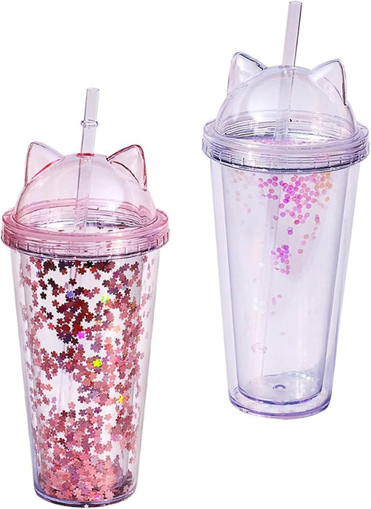 Glitter Water Bottle with Straw, 2Pcs Cute Girls Water Bottles Double Layer Water Cup Kawaii Drinking Cup Outdoor Indoor Water Bottle for School Kids, Pink & Clear