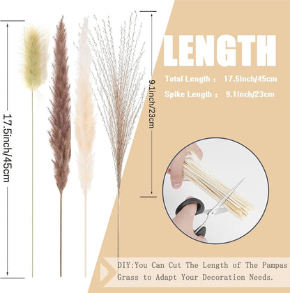 Pampas Grass Decor 110 pcs 17.5 inch Natural Dry Pampas - 15 Pcs White Pampas & 15 Pcs Brown Pampas & 50 Pcs Reed Grass & 30 Pcs Bunny Tail Grass,Fluffy Dried Flowers for Wedding Boho Decor Home Decor