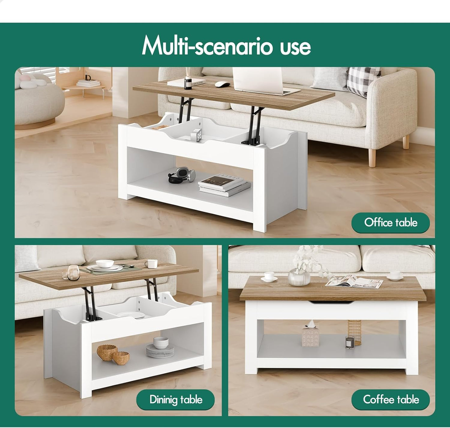 ALFORDSON Multifunctional Lift-Top Coffee Center Table Wood White Color, Dining Table for Living Room, Office, Reception & Dining, Featuring Rising Tabletop Surface, Hidden Compartment & Open Shelf