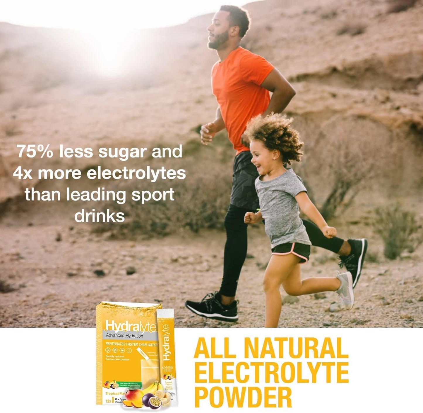 HydraLyte Electrolyte Powder, Low Sugar Electrolyte Sticks Designed for Rapid Hydration, Safe Hydration for All Ages - Made with All Natural Ingredients, 12 Servings, Tropical Flavour