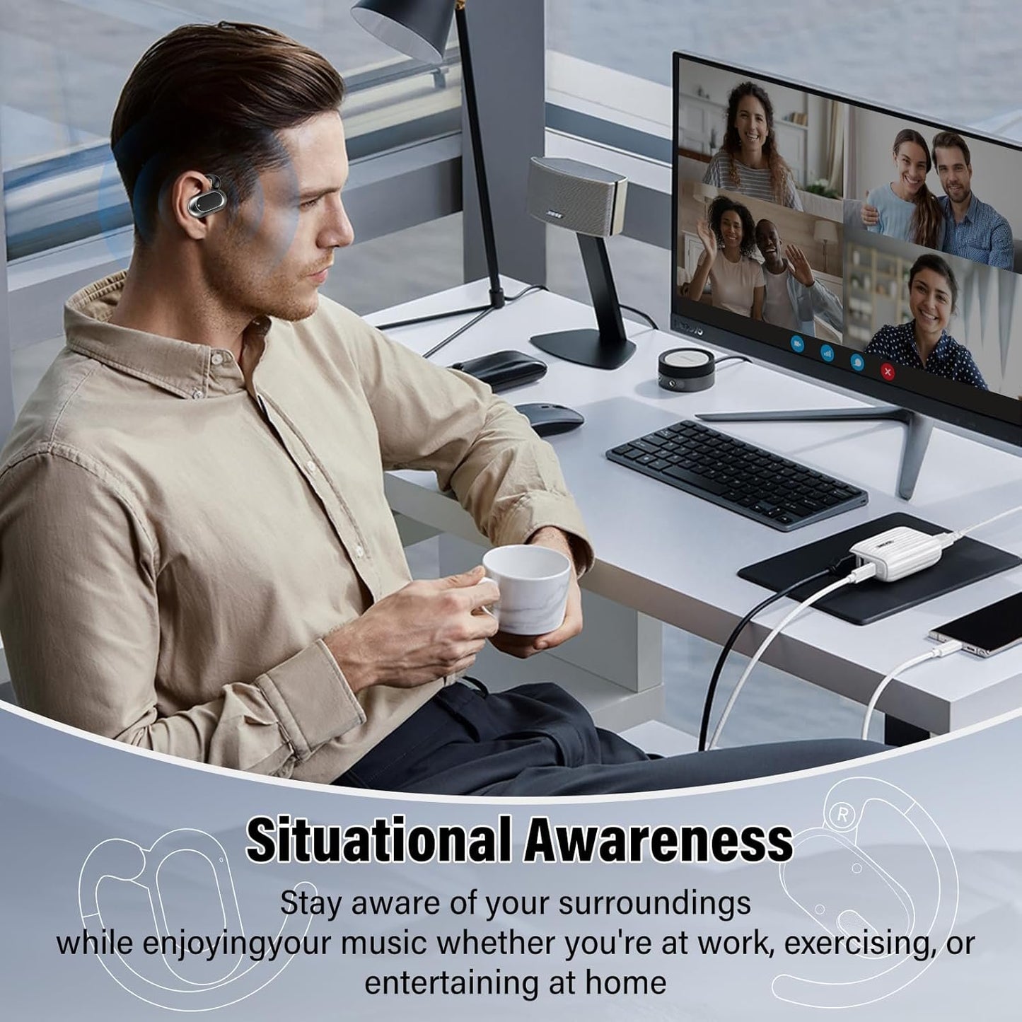 STECEi Open Ear Headphones, Bluetooth 5.4 Earphones 36H Playtime Air Conduction Headphones with Mic, Adjustable Earhook Earbuds with ENC Clear Calls/LED Display, IPX7 Waterproof Open Ear Earbuds Black
