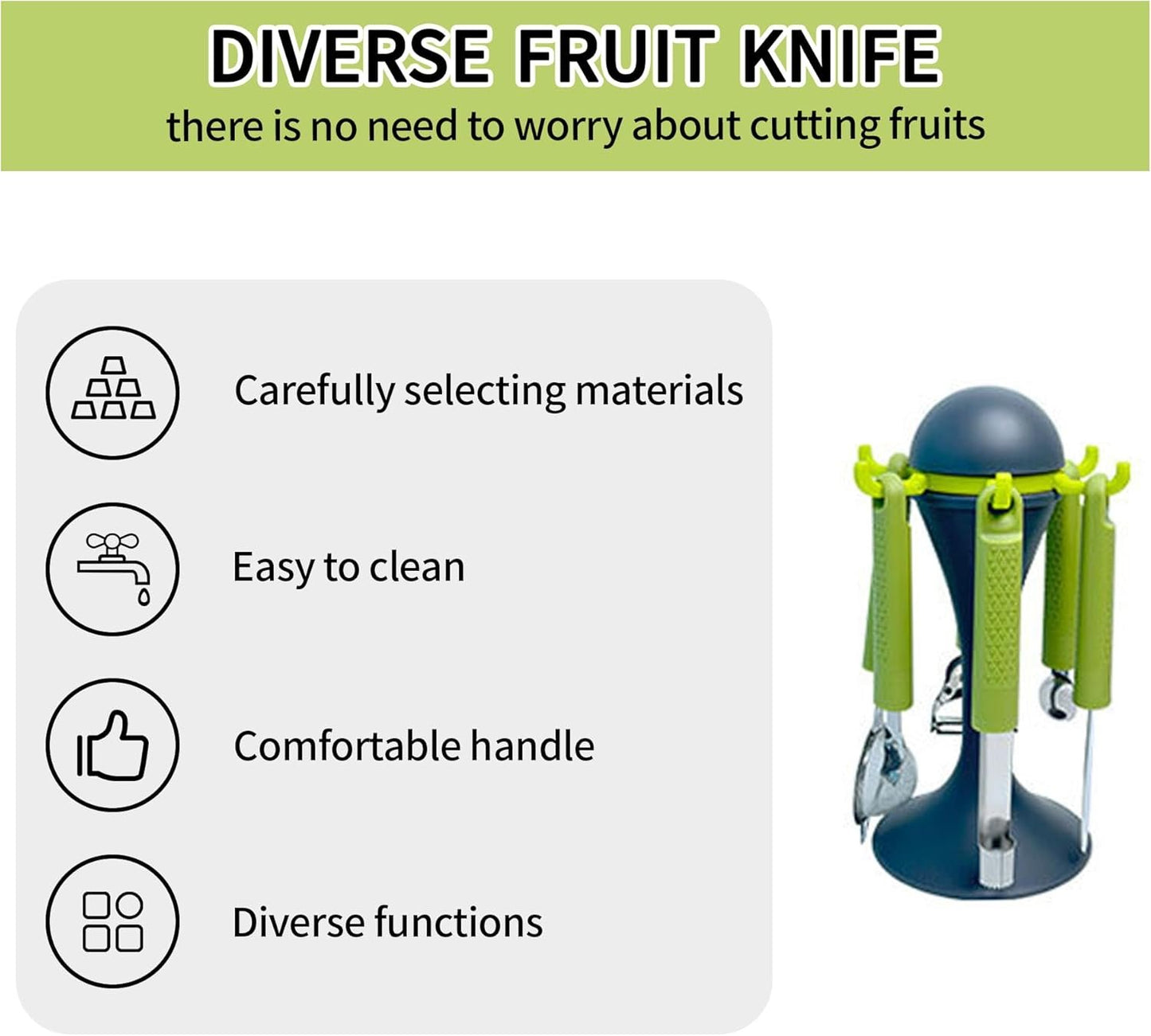 6 Pcs Fruit Tool Set - Stainless Steel Kitchen Handle Utensils with Storage Stand, Includes Melon Baller, Lemon Zester, Peeler, Butter Knife, Corer, Mini Strainer, for Fruit Vegetable Prep