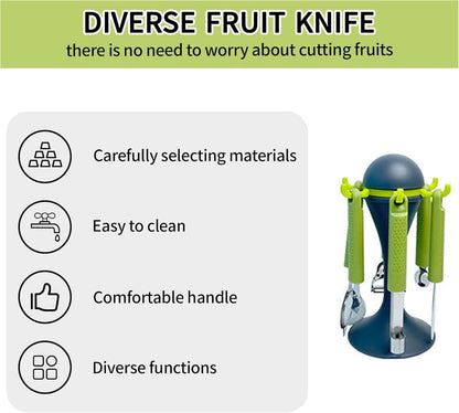 6 Pcs Fruit Tool Set - Stainless Steel Kitchen Handle Utensils with Storage Stand, Includes Melon Baller, Lemon Zester, Peeler, Butter Knife, Corer, Mini Strainer, for Fruit Vegetable Prep