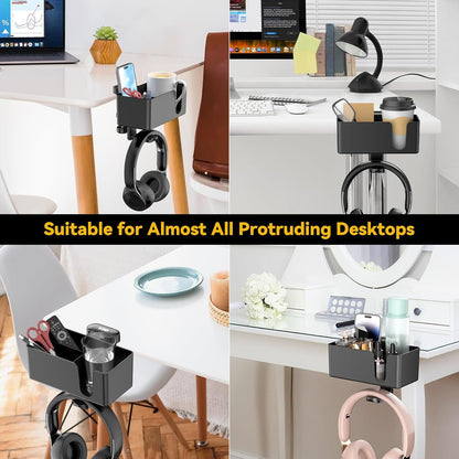 KDD 4 in 1 Desk Organizer - Under Desk Headphone Hook with 2 Wire Holes - Rotating Headphone Hanger and Detachable Storage for Cup, Phone and Pen(Black)