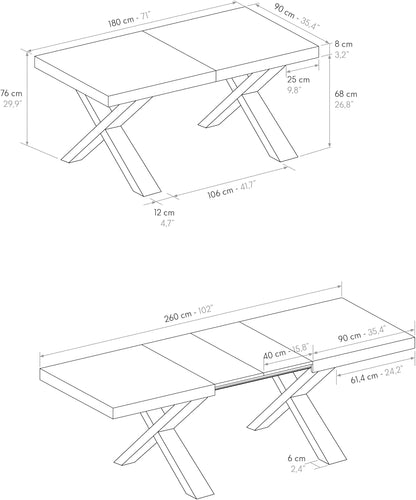 PAZZO DESIGN Linda Extendable Table, Living Room Table, Kitchen Table, Cross Legs X Black, Made in Italy, Ash White, 180 x 90 x 76 cm - id_1982-N