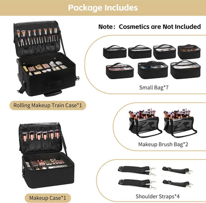 Rolling Makeup Case Professional Makeup Bag Makeup Artist Bags 4 in 1 Cosmetics Rolling Organizer Extra Large Trolley Makeup Travel Case with 360° Swivel Wheels and Adjustable Dividers