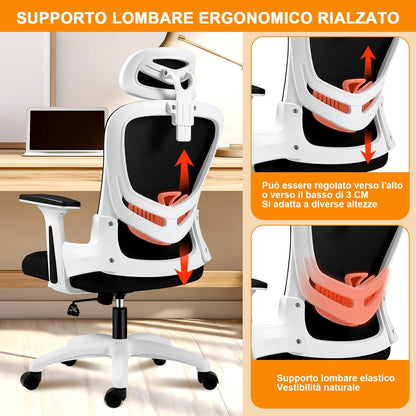 LIMBALAY Ergonomic Office Chair with Adjustable Lumbar Support, 2D Armrests, Headrest and Adjustable Height – Mesh Computer Chair for Office and Home