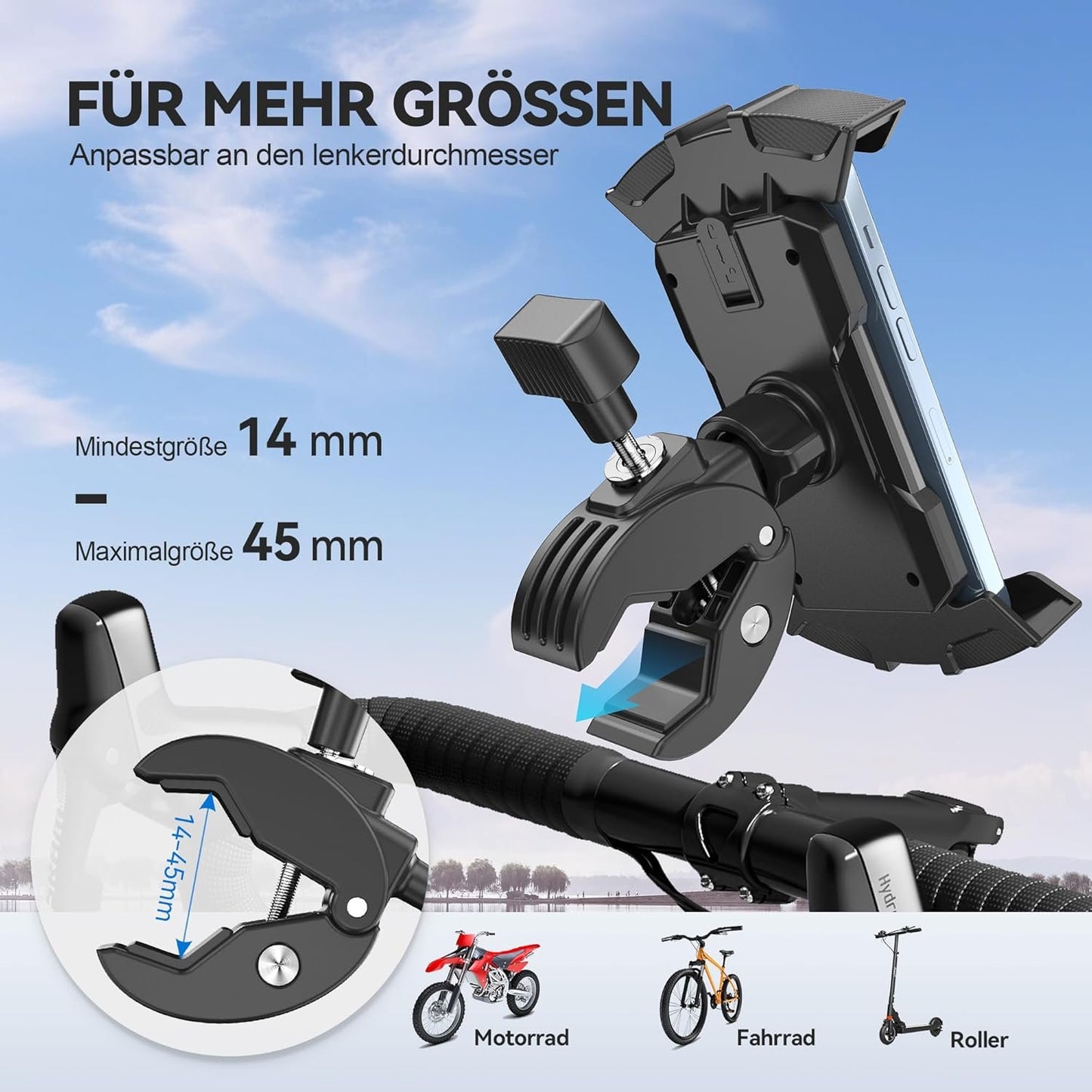 Motorcycle Phone Holder, Bike Phone Holder, Scooter Bike Handlebar, Safety Lock, One Hand Operation, Girevo Phone Holder