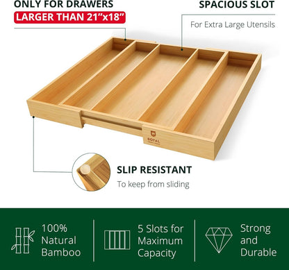 Bamboo Kitchen Drawer Organizer - Expandable Silverware Organizer/Utensil Holder and Cutlery Tray with Grooved Drawer Dividers for Flatware and Kitchen Utensils (Natural, 5 Slots)