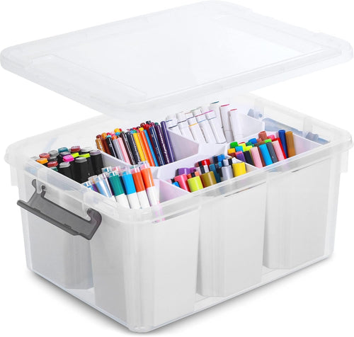 Citylife 17 QT Plastic Storage Bins with 6 Detachable Inserts Clear Storage Box with Lids Multipurpose Stackable Storage Containers for Organizing Crayon, Tool, Craft