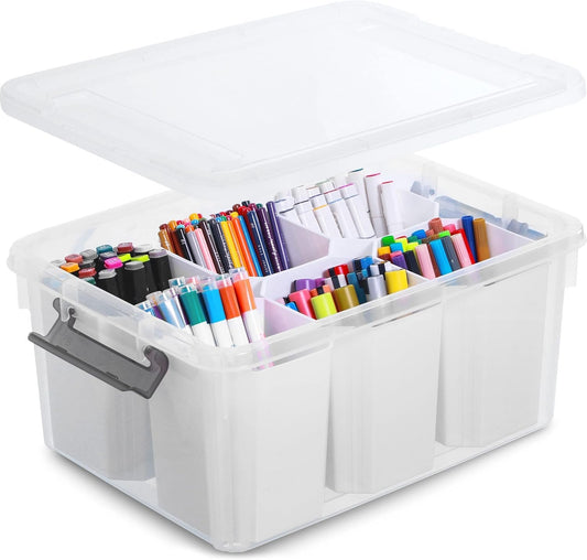 Citylife 17 QT Plastic Storage Bins with 6 Detachable Inserts Clear Storage Box with Lids Multipurpose Stackable Storage Containers for Organizing Crayon, Tool, Craft