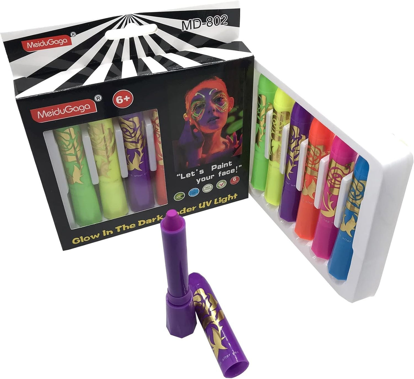 Face Paint Crayons Glow In The Dark Body Painting Kit Under UV and Black Light Makeup Non-Toxic for Halloween Masquerades Easter Festivals Party Supplies (6 Colors)