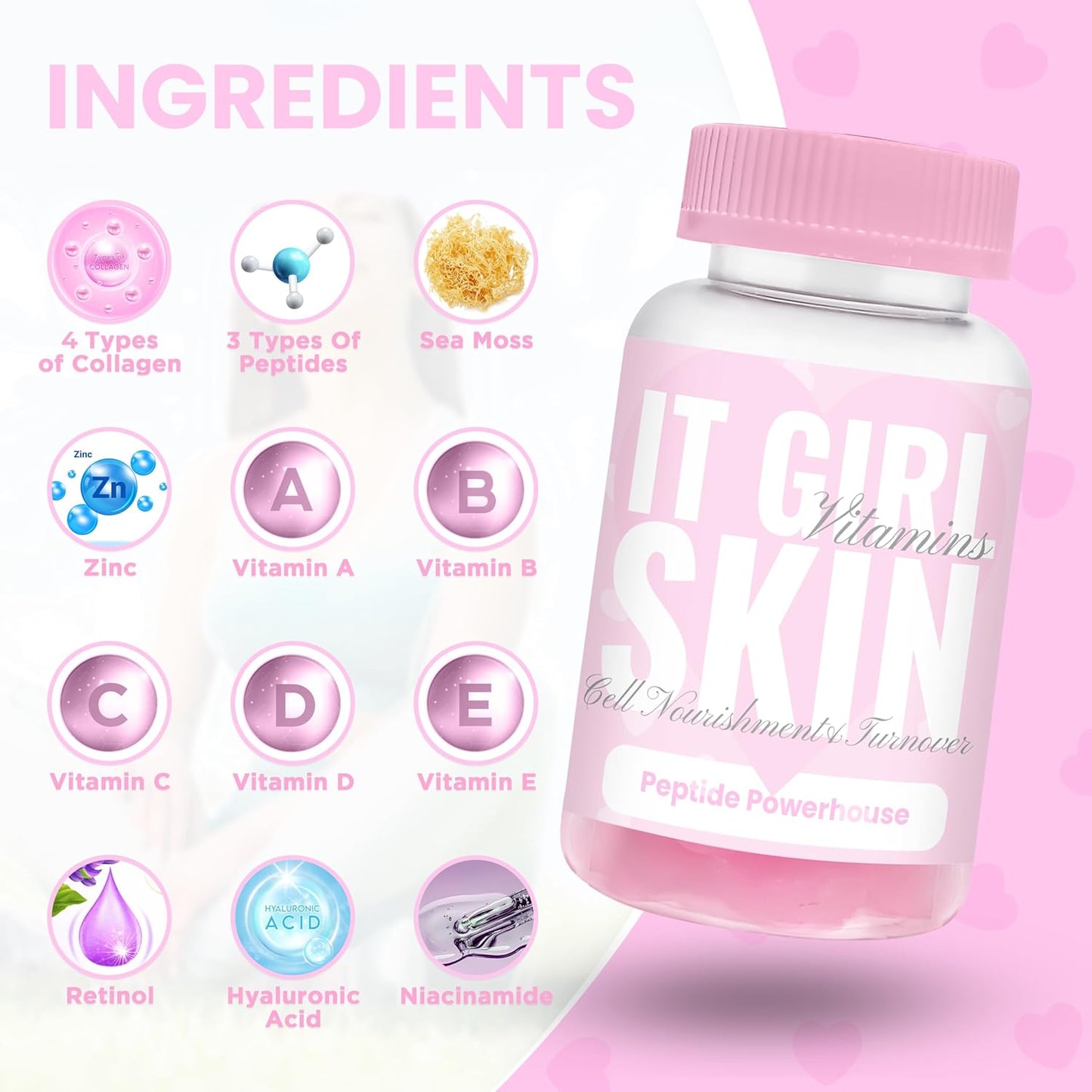 Glowing Skin Collagen Gummy, Hydrated, Youthful Skin, Hyaluronic Acid, Peptides, Retinol, Sea Moss, Vitamins & Antioxidants for Anti-Aging, Acne, Skincare, Beauty Gummies for Women, Organic & Vegan