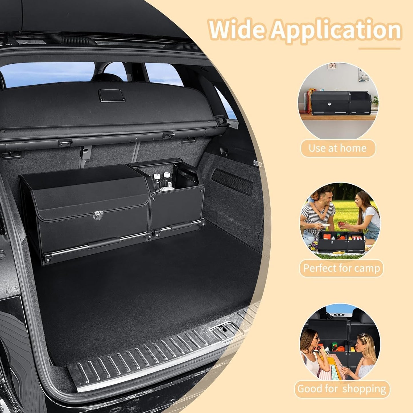 XCF Car Trunk Organizer, Leather Trunk Organizer for SUV with Lid and Sturdy Handle Collapsible Adjustable Storage (Black, 33 x 11.4 x 12.2in)