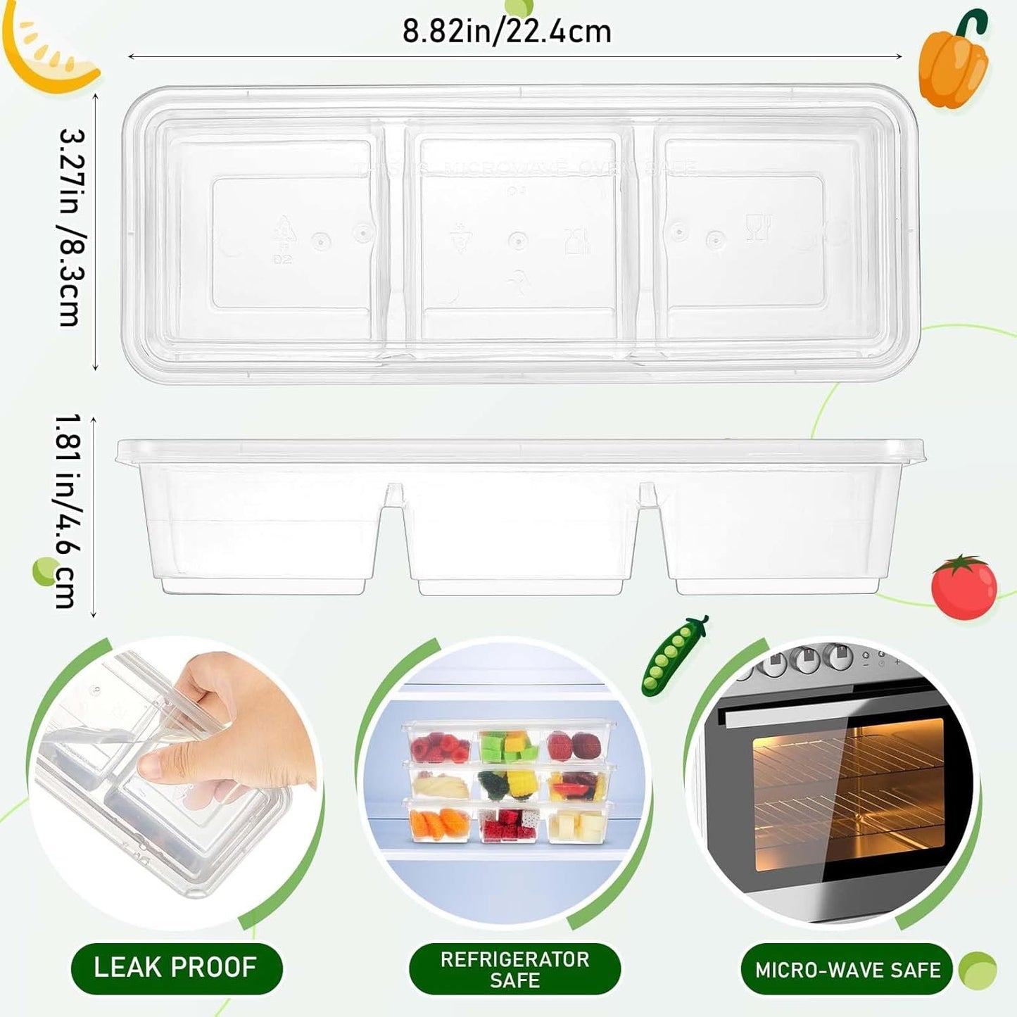 Hushee 10 Pack 17 oz Clear Small Meal Prep Containers 3 Compartments with Lids Disposable Plastic Bento Boxes Travel Lunch Food Boxes Reusable Stackable for Office Picnic